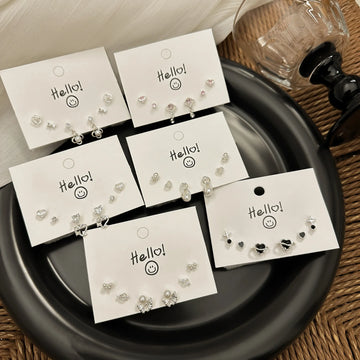 DAIIIBABYYY  -  Silver Plated Needle Luxury Stud Earrings Set for Women Fashion Rhinestone Heart Pearl Bow Star Earring Wedding Jewelry